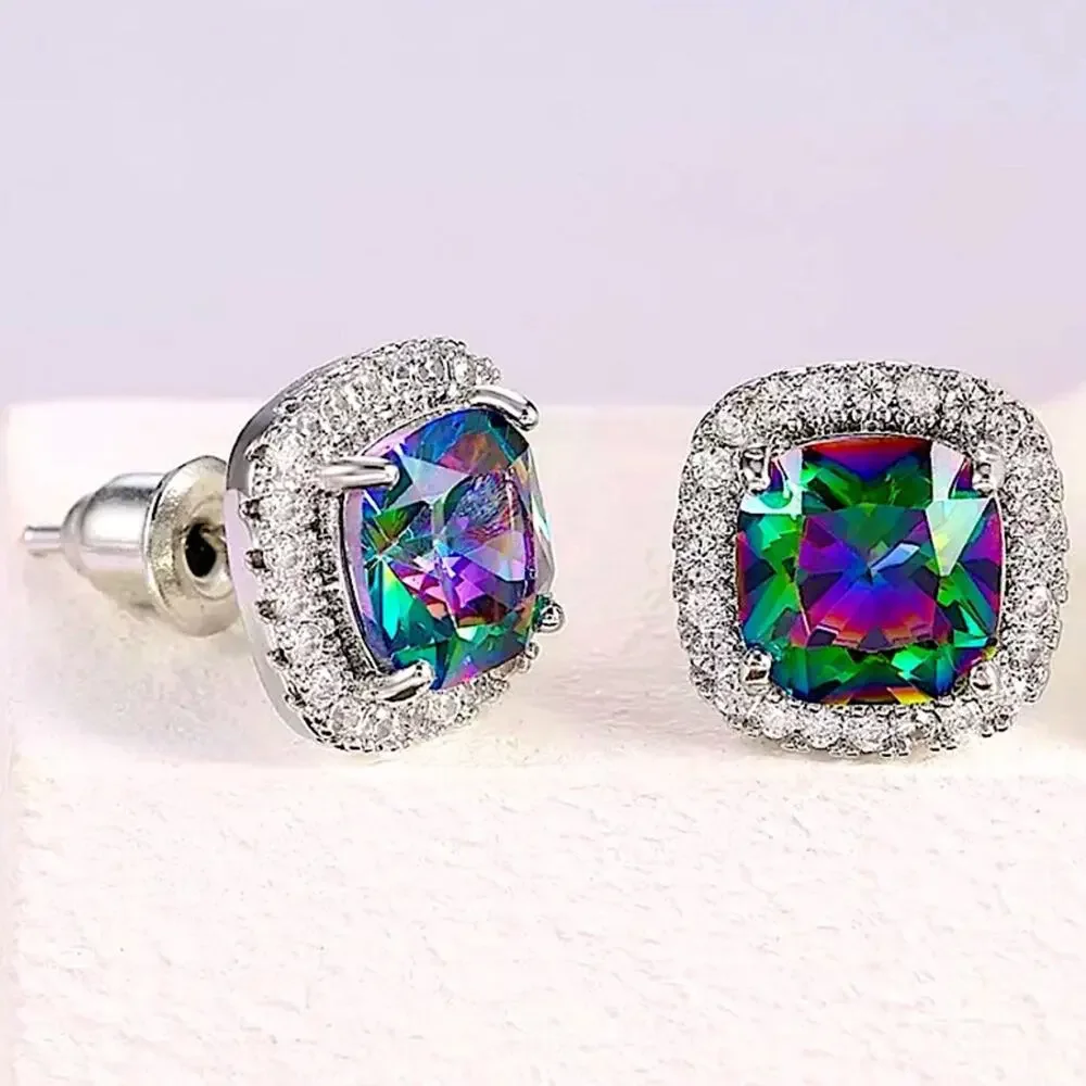 Mystic Fire Topaz Stud Earrings, Square, Princess Cut - Picture 1 of 10